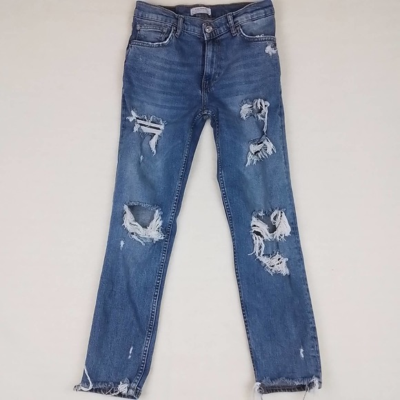 Zara Mid Rise Skinny Jeans Size 2 in Light Wash Denim w/ Distressing - Picture 2 of 13